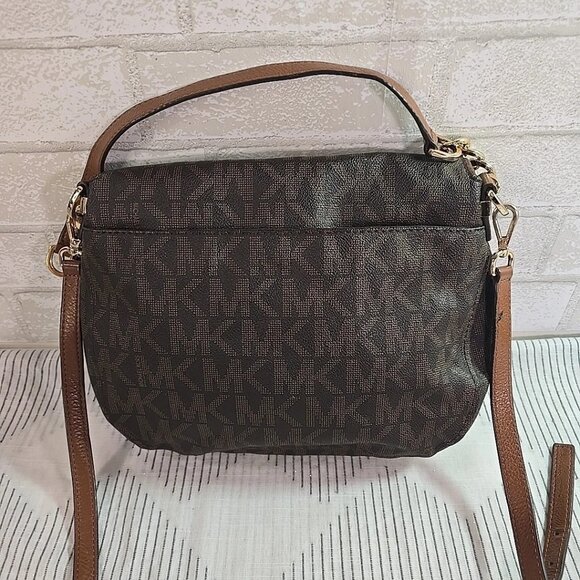 Michael Kors Signature Fold over Brown Leather Shoulder Bag Handbag w/ Tassell - Picture 4 of 13